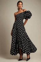 Laden Sie das Bild in den Galerie-Viewer, Eine Schulter A Linie Schwarzes weißes Polka Dots Kleid
