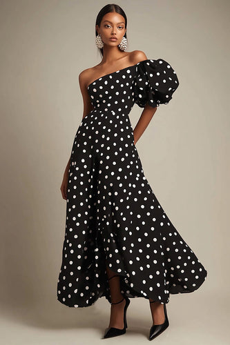Eine Schulter A Linie Schwarzes weißes Polka Dots Kleid