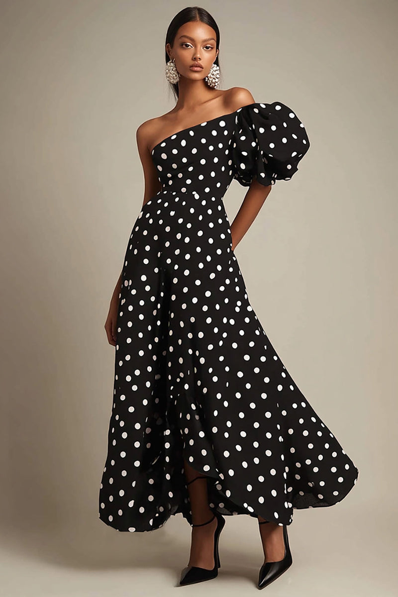 Laden Sie das Bild in den Galerie-Viewer, Eine Schulter A Linie Schwarzes weißes Polka Dots Kleid