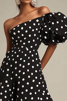 Eine Schulter A Linie Schwarzes weißes Polka Dots Kleid