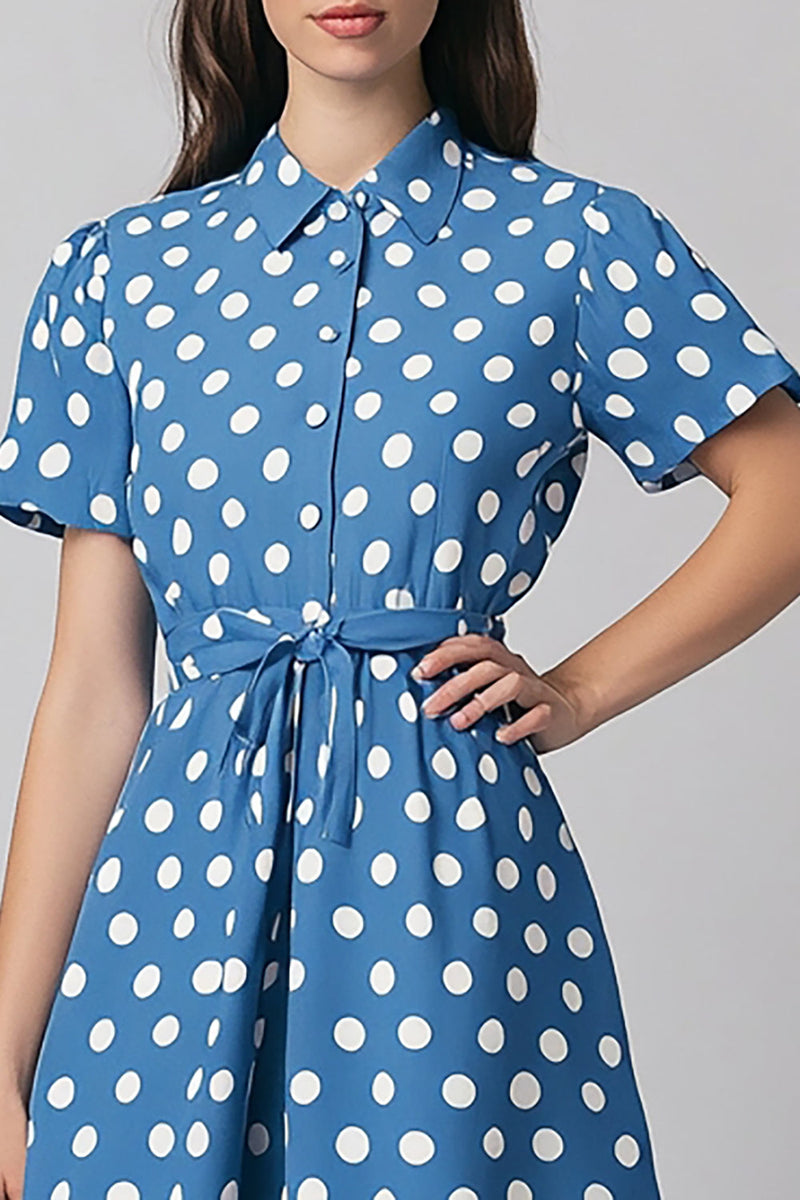 Laden Sie das Bild in den Galerie-Viewer, Blaues A-Linie Kleid mit weißen Polka Dots und kurzen Ärmeln
