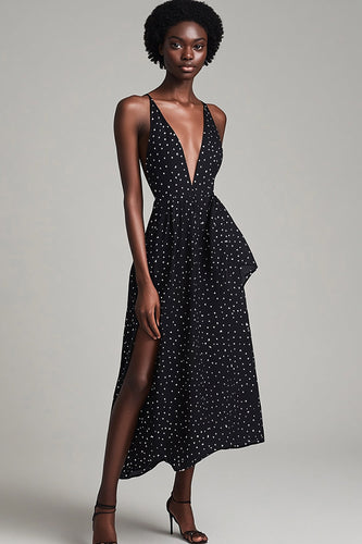 Schwarzes Midi Weißes Sommer Cocktailkleid mit Polka Dots und Schlitz und tiefem V-Ausschnitt