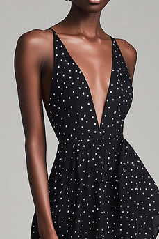 Schwarzes Midi Weißes Sommer Cocktailkleid mit Polka Dots und Schlitz und tiefem V-Ausschnitt