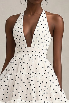 Neckholder A-Linie Rüschen Weißes schwarzes Polka Dots Kleid