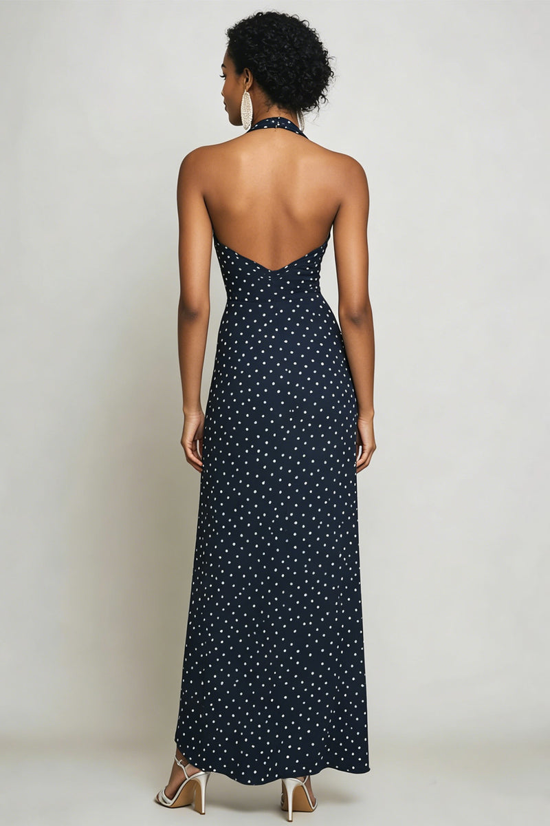 Laden Sie das Bild in den Galerie-Viewer, Neckholder Marine Etui Langes weißes Polka Dots Kleid