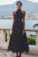 Laden Sie das Bild in den Galerie-Viewer, Hochgeschlossenes Schwarzes Weißes A-Linie Polka-Dots Kleid