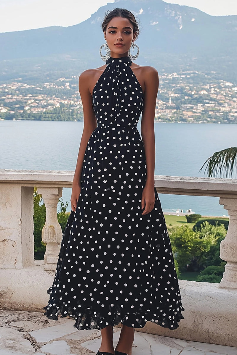 Laden Sie das Bild in den Galerie-Viewer, Hochgeschlossenes Schwarzes Weißes A-Linie Polka-Dots Kleid