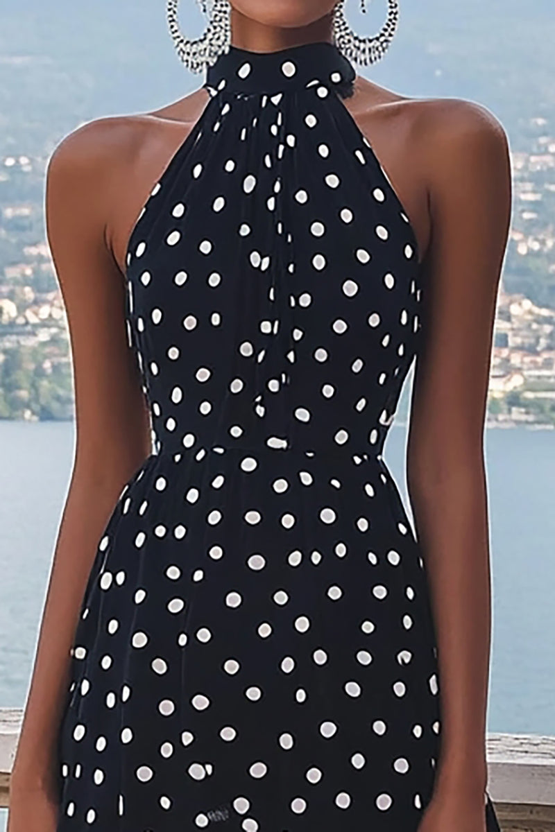 Laden Sie das Bild in den Galerie-Viewer, Hochgeschlossenes Schwarzes Weißes A-Linie Polka-Dots Kleid