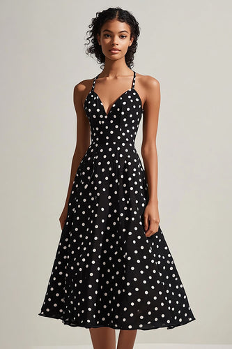 Schwarz Weiß Spaghettiträger A-Linie Polka Dots Kleid
