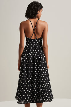 Schwarz Weiß Spaghettiträger A-Linie Polka Dots Kleid