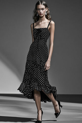 A-Linie Chiffon Schwarz weißes Kleid mit Rüschen und Polka Dots