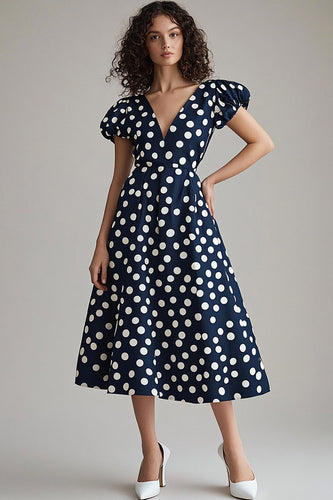 Marineblaues weißes A-Linie Polka-Dots Kleid mit Puffärmeln