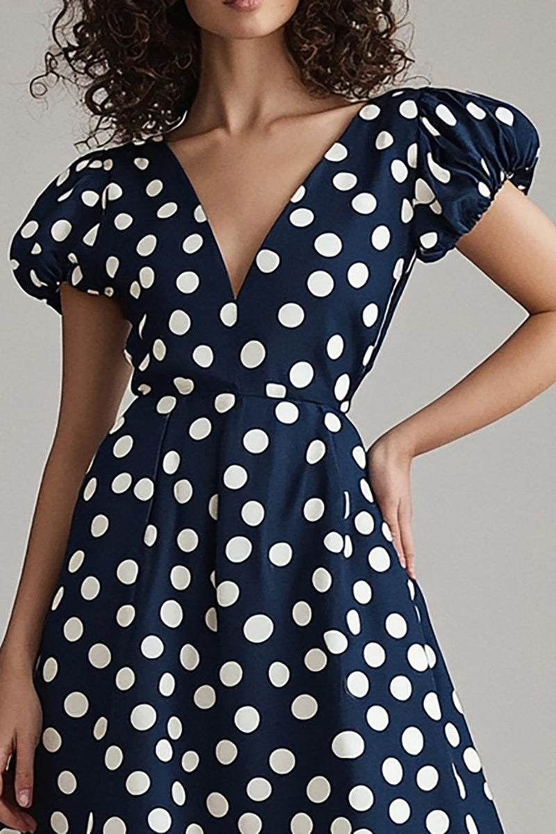 Laden Sie das Bild in den Galerie-Viewer, Marineblaues weißes A-Linie Polka-Dots Kleid mit Puffärmeln