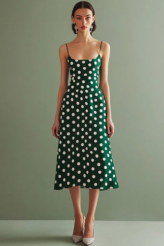 Grün Weiß Spaghettiträger A Linie Midi Polka Dots Kleid