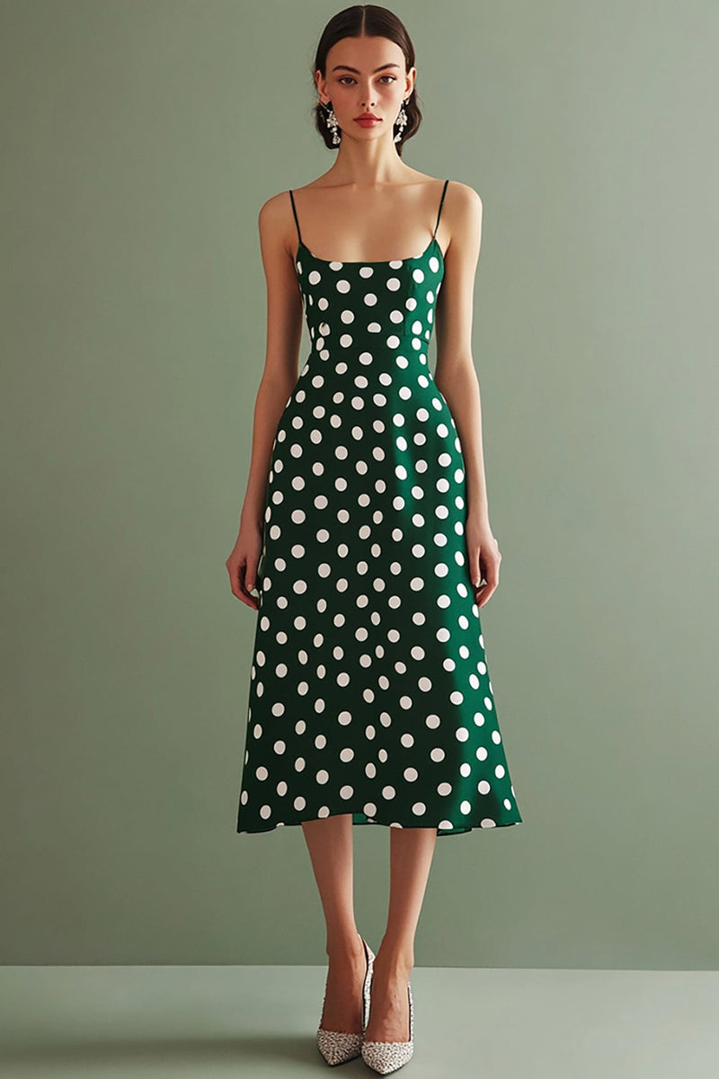 Laden Sie das Bild in den Galerie-Viewer, Grün Weiß Spaghettiträger A Linie Midi Polka Dots Kleid