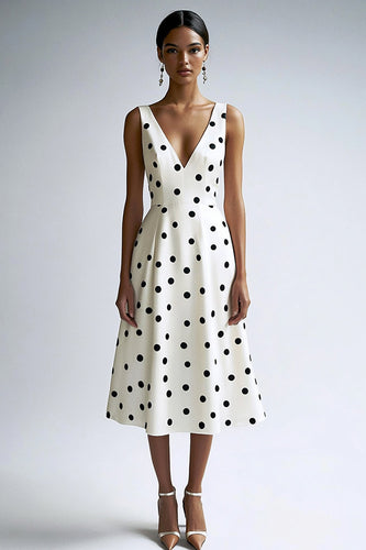 A Linie Midi V-Ausschnitt Weißes schwarzes Polka Dots Kleid