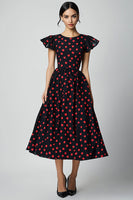 Laden Sie das Bild in den Galerie-Viewer, A Linie Kleid mit Rüschenärmeln und roten Polka Dots