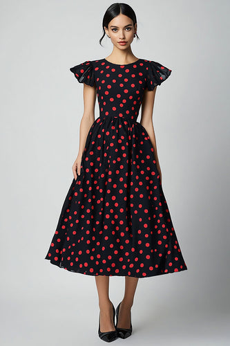 A Linie Kleid mit Rüschenärmeln und roten Polka Dots
