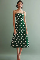 Laden Sie das Bild in den Galerie-Viewer, A Linie Spaghettiträger Grün Weiß Polka Dots Kleid