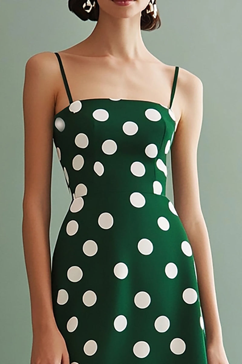Laden Sie das Bild in den Galerie-Viewer, A Linie Spaghettiträger Grün Weiß Polka Dots Kleid
