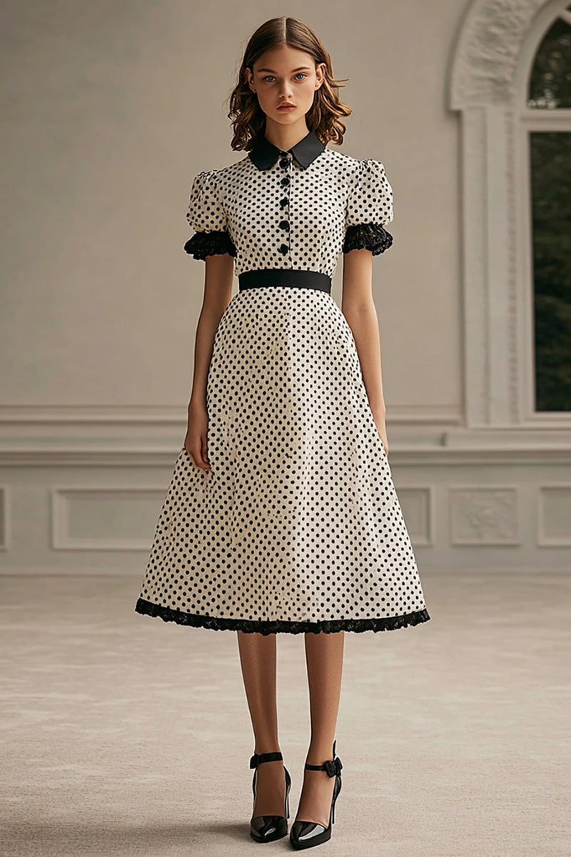 Laden Sie das Bild in den Galerie-Viewer, A Linie Revers Weißes schwarzes Polka Dots Kleid mit Puffärmeln