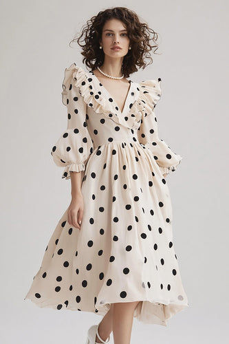 Elfenbein schwarzes Polka Dots Kleid mit V-Ausschnitt und Puffärmeln