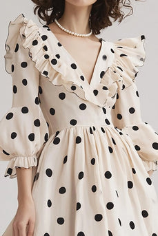 Elfenbein schwarzes Polka Dots Kleid mit V-Ausschnitt und Puffärmeln