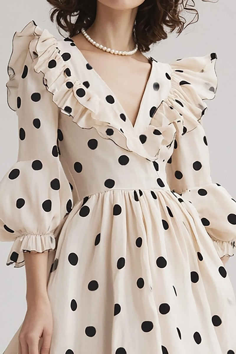 Laden Sie das Bild in den Galerie-Viewer, Elfenbein schwarzes Polka Dots Kleid mit V-Ausschnitt und Puffärmeln