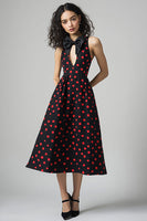 Laden Sie das Bild in den Galerie-Viewer, Schwarzes rotes Polka Dots Kleid mit Schleife