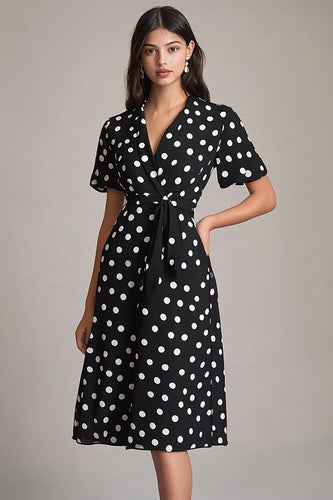 Schwarz Weiß A-Linie Polka Dots Kleid mit V-Ausschnitt und Schärpe