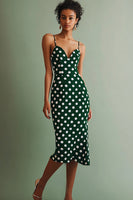 Laden Sie das Bild in den Galerie-Viewer, Grün Weiß Spaghettiträger Etui Midi Polka Dots Kleid