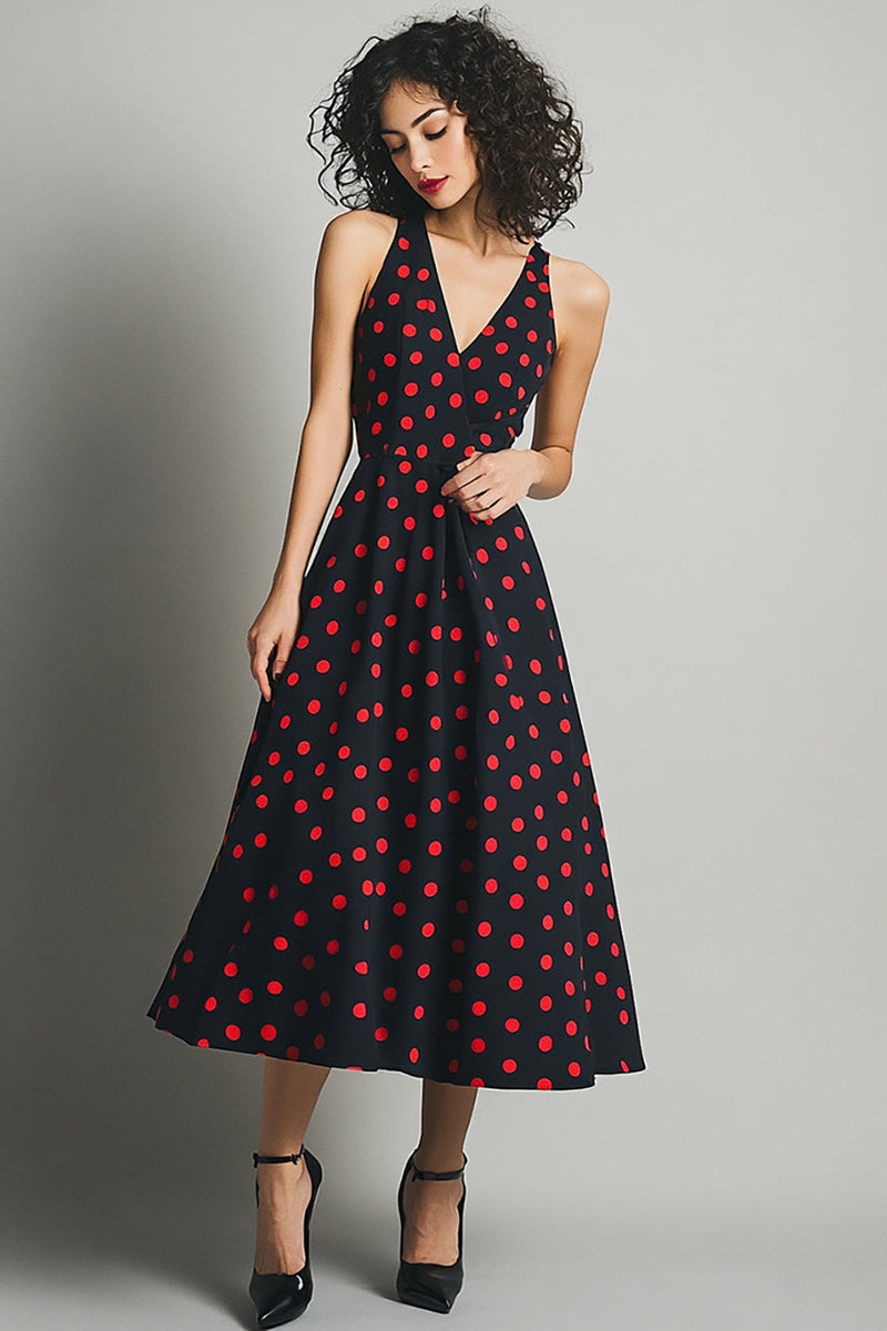Laden Sie das Bild in den Galerie-Viewer, A-Linie V-Ausschnitt Schwarzes Rotes Kleid mit Polka Dots