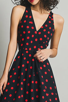 A-Linie V-Ausschnitt Schwarzes Rotes Kleid mit Polka Dots