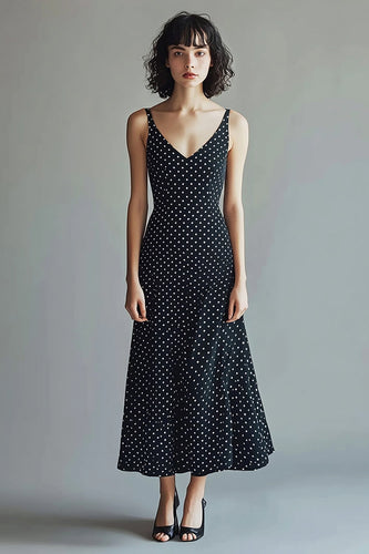 A-Linie V-Ausschnitt Spaghettiträger Schwarzes weißes Kleid mit Polka Dots