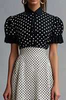 Laden Sie das Bild in den Galerie-Viewer, Vintage Schwarz-weißes Polka Dots Kleid mit Rüschen und Reversausschnitt