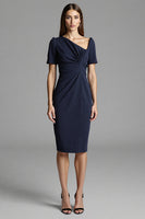 Laden Sie das Bild in den Galerie-Viewer, Marineblaues Kurzärmeliges Etui Arbeitskleid mit Rüschen