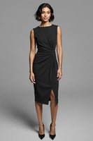 Laden Sie das Bild in den Galerie-Viewer, Graues Midi Arbeitskleid mit Rüschen und Schlitz