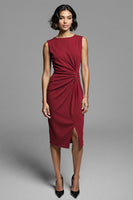 Laden Sie das Bild in den Galerie-Viewer, Graues Midi Arbeitskleid mit Rüschen und Schlitz