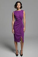 Laden Sie das Bild in den Galerie-Viewer, Graues Midi Arbeitskleid mit Rüschen und Schlitz