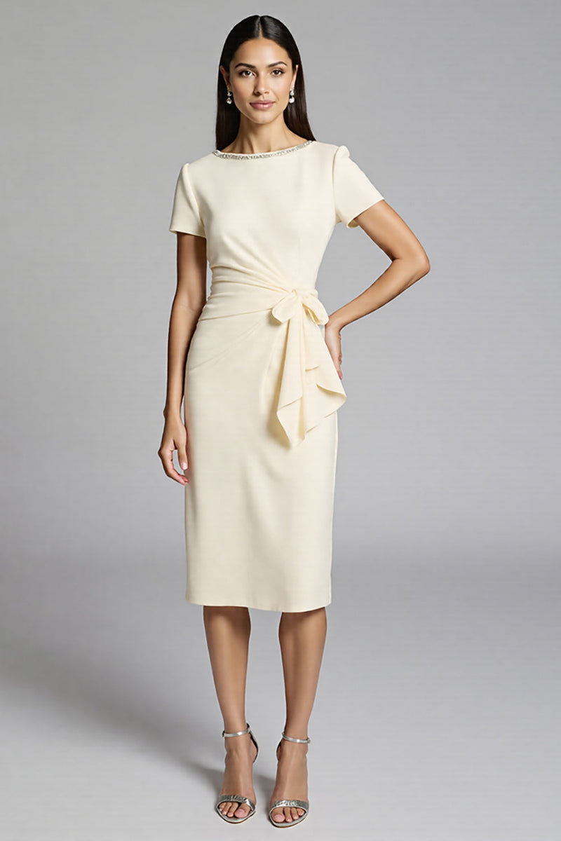 Laden Sie das Bild in den Galerie-Viewer, Beige Perlenbesetztes Etui Arbeitskleid mit Rüschen