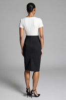 Laden Sie das Bild in den Galerie-Viewer, Schwarzes Asymmetrisches Arbeitskleid mit Rüschen und Schlitz