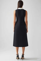 Laden Sie das Bild in den Galerie-Viewer, Schwarz Elfenbein Midi Etui Arbeitskleid aus Satin mit Kragen