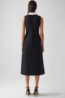 Schwarz Elfenbein Midi Etui Arbeitskleid aus Satin mit Kragen