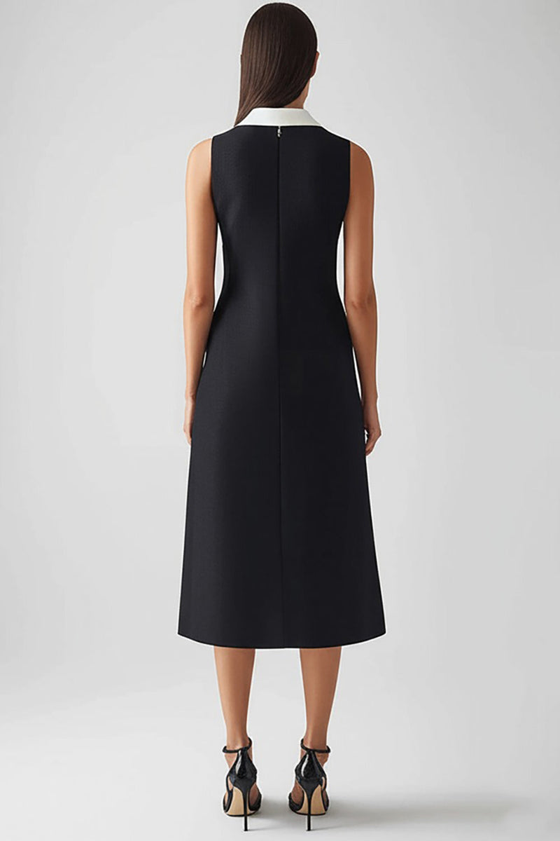 Laden Sie das Bild in den Galerie-Viewer, Schwarz Elfenbein Midi Etui Arbeitskleid aus Satin mit Kragen