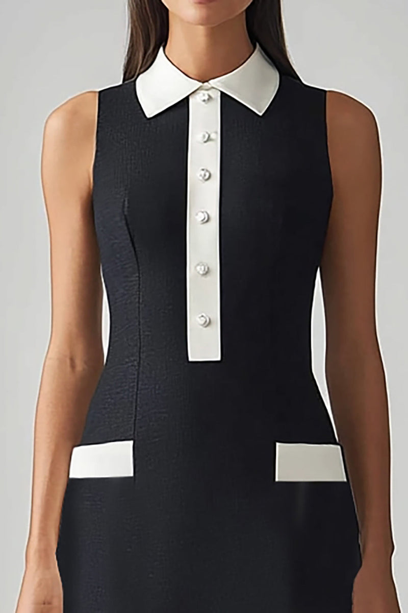 Laden Sie das Bild in den Galerie-Viewer, Schwarz Elfenbein Midi Etui Arbeitskleid aus Satin mit Kragen