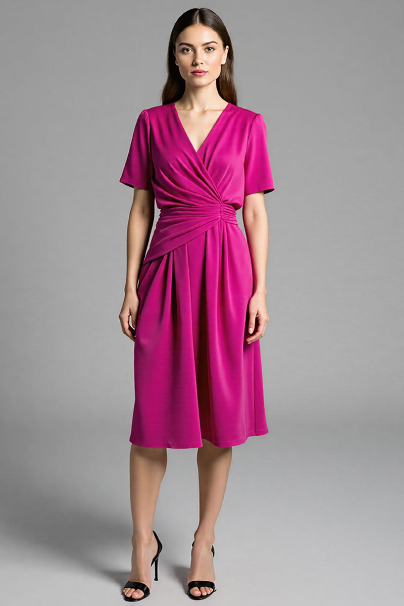 Laden Sie das Bild in den Galerie-Viewer, Fuchsia Midikleid aus Satin mit V-Ausschnitt und Ärmeln