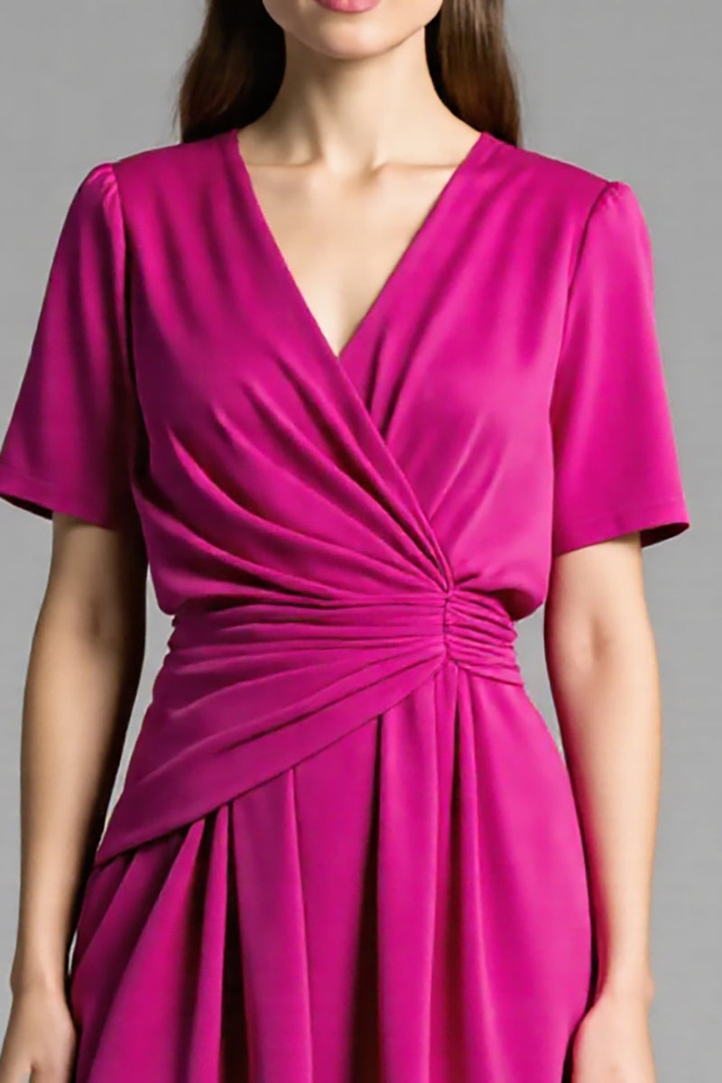 Laden Sie das Bild in den Galerie-Viewer, Fuchsia Midikleid aus Satin mit V-Ausschnitt und Ärmeln