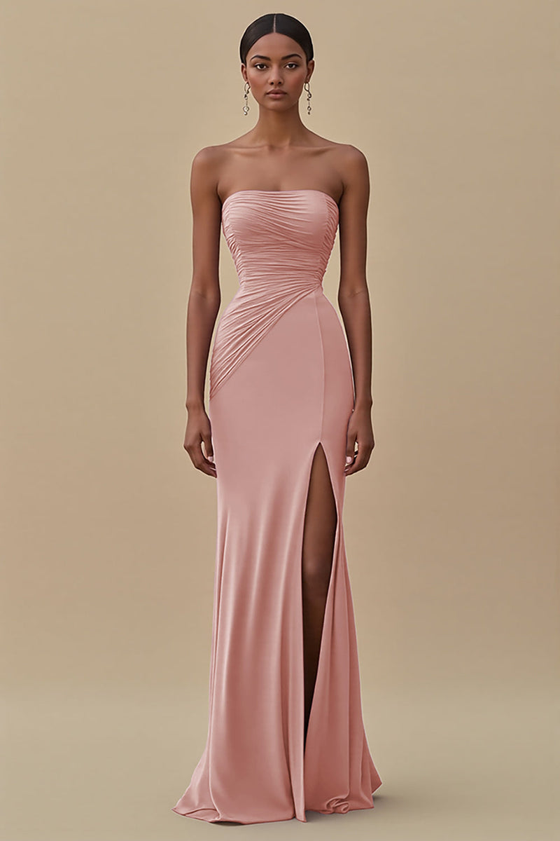 Laden Sie das Bild in den Galerie-Viewer, Schwarzes Trägerloses Gerafftes Langes Ballkleid mit Schlitz