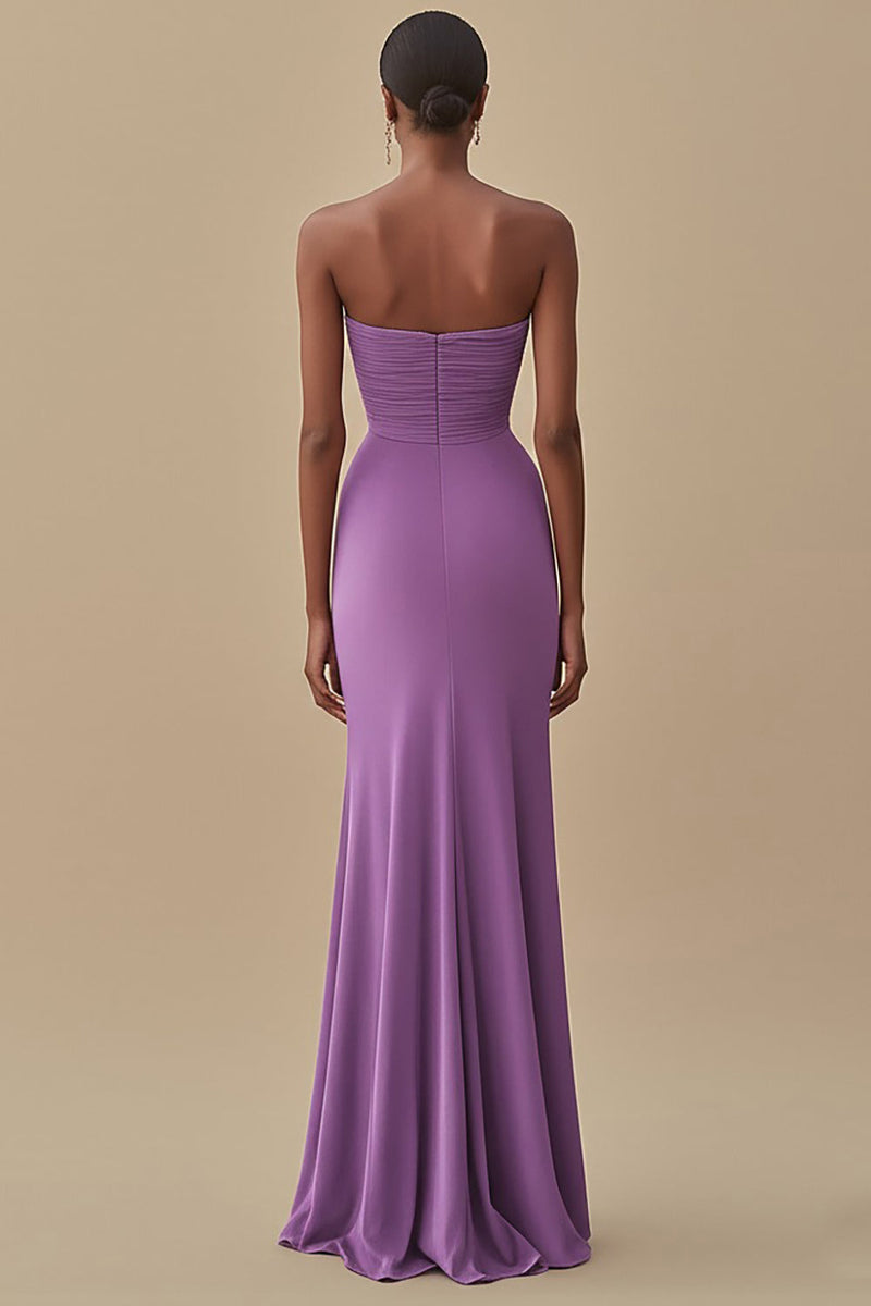 Laden Sie das Bild in den Galerie-Viewer, Schwarzes Trägerloses Gerafftes Langes Ballkleid mit Schlitz