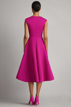 Schlichtes A-Linie Fuchsia Midikleid mit V-Ausschnitt